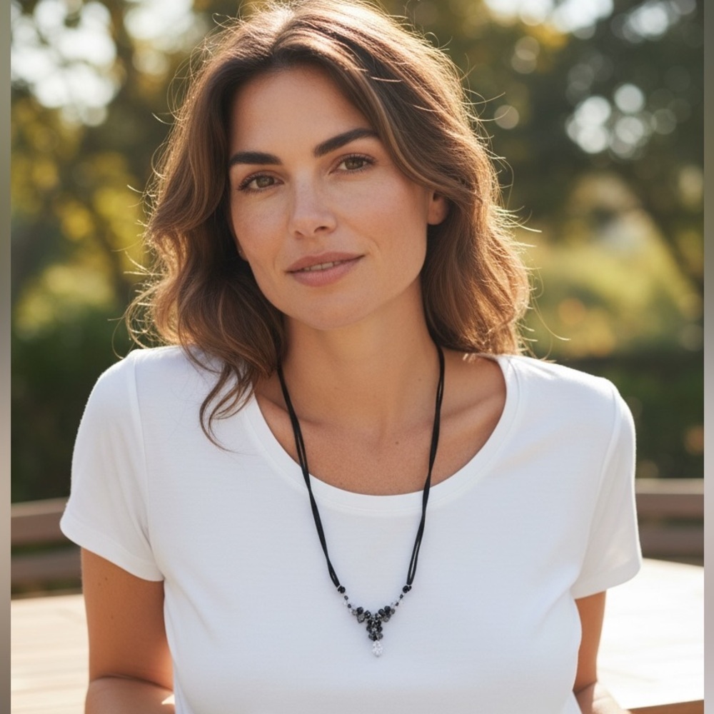 Touchstone Crystal Retired Black, Clear, Silver and Leather Necklace